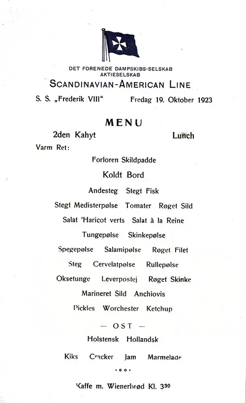 Front Cover, Vintage Luncheon Menu From Friday, 19 October 1923 on Board the SS Frederik VIII of the Scandinavian-American Line