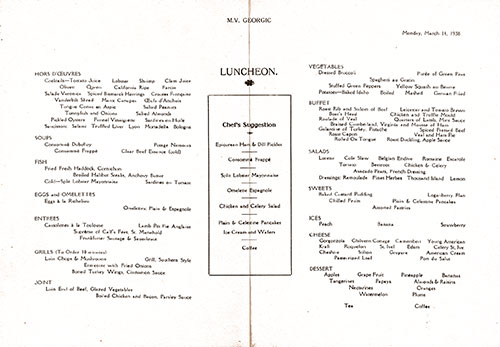 Menu Items, SS Georgic Luncheon Menu - 14 March 1938