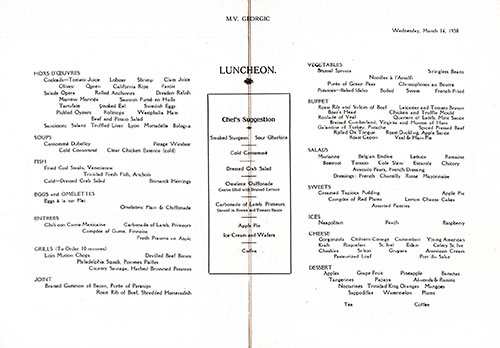 Menu Items, SS Georgic Luncheon Menu - 16 March 1938