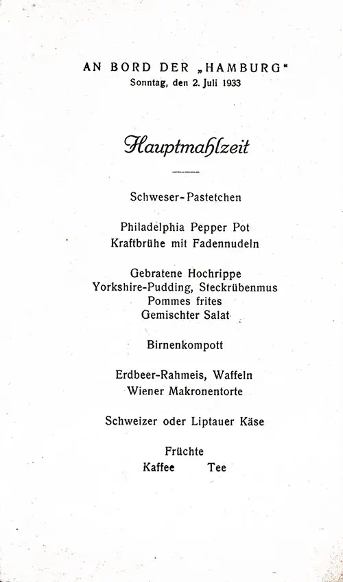 Menu Items in German, SS Hamburg Luncheon Menu Card - 2 July 1933