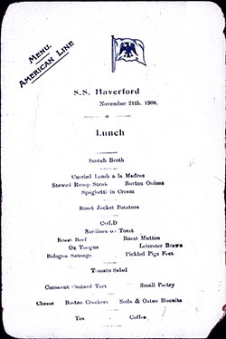 Menu Card, SS Haverford Luncheon Bill of Fare - 21 November 1908
