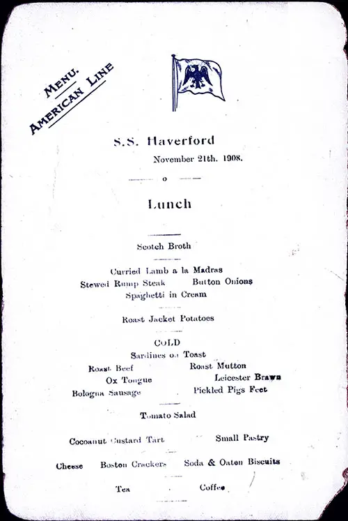 Front Cover, Vintage Luncheon Menu From Tuesday, 21 November 1908 on Board the SS Haverford of the American Line.