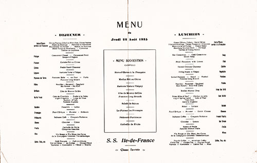 Menu Items, SS Ile de France Luncheon Menu - 22 August 1935