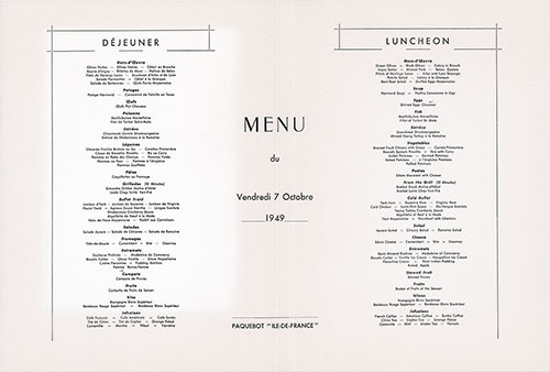Menu Items, Large Format Luncheon Menu, First on the SS Ile de France of the CGT French Line, Friday, 7 October 1949.