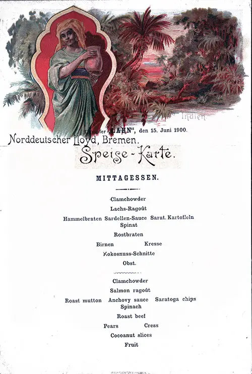 Front Side of a Vintage Luncheon Menu Card Is for an Unstated Class of Passengers for a Friday, 15 June 1900 Eastbound Voyage of the SS Lahn of the North German Lloyd.