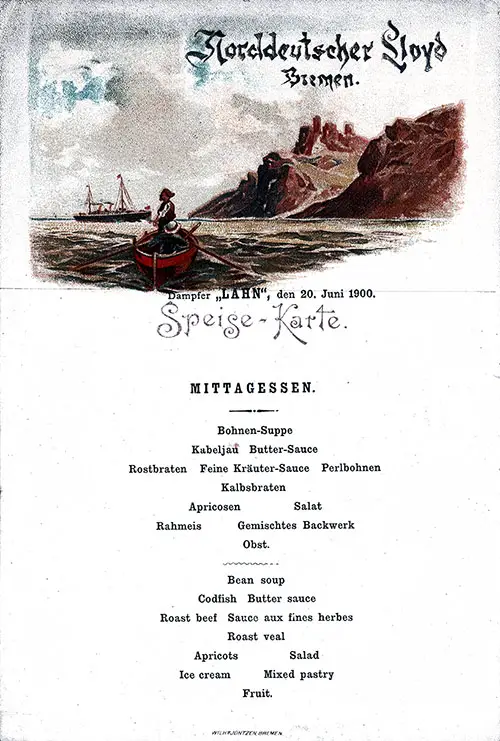 Luncheon Menu Card for Wednesday, 20 June 1900 Eastbound Voyage of the SS Lahn of the North German Lloyd.