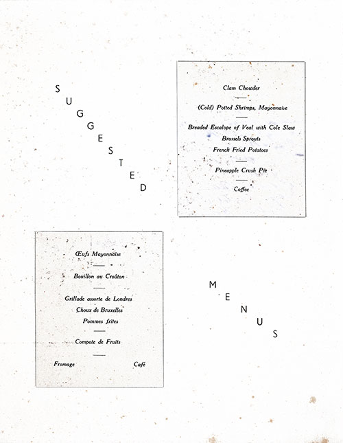 Suggested Menu Selections for Lunch on the 17 October 1947 Voyage of the RMS Mauretania of the Cunard Line.