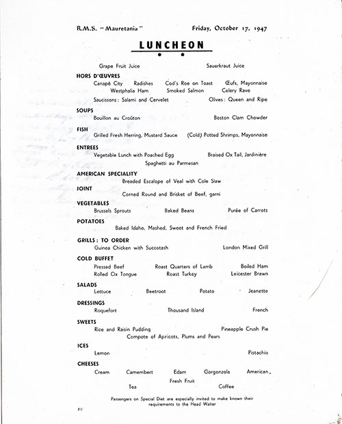 Selections for the Luncheon Menu From the 17 October 1947 Voyage of the RMS Mauretania of the Cunard Line.