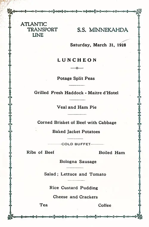 Menu Card, SS Minnekahda Luncheon Menu - 31 March 1928