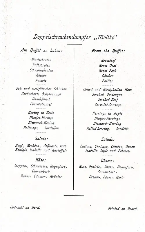 Additional Menu Items, SS Moltke Luncheon Menu - 24 July 1905