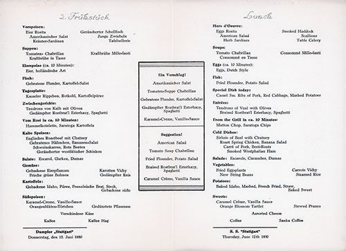 Menu Items, Luncheon Menu, on the SS Stuttgart of the Norddeutscher Lloyd/North German Lloyd, Thursday, 12 June 1930.