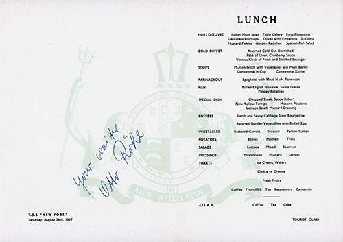 Autograph and Menu Items, Luncheon Menu, Tourist Class on the TSS New York of the Greek Line, Saturday, 24 August 1957.