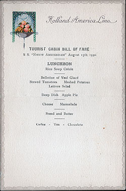 Menu Card, SS Nieuw Amsterdam Luncheon Menu Card - 15 August 1930