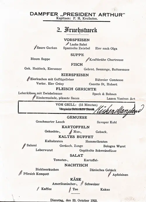 Menu Items in German, Vintage Luncheon Menu From Tuesday, 23 October 1923 on Board the SS President Arthur of the United States Lines.