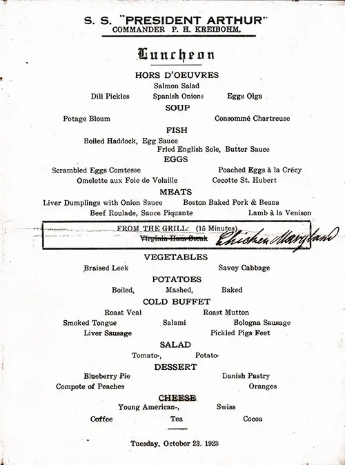 Menu Items, Vintage Luncheon Menu From Tuesday, 23 October 1923 on Board the SS President Arthur of the United States Lines.