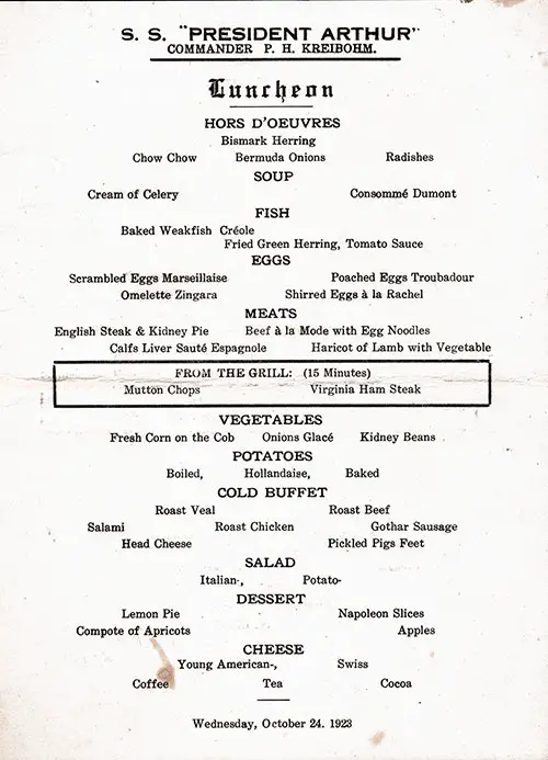 Menu Items, Vintage Luncheon Menu From Wednesday, 24 October 1923 on Board the SS President Arthur of the United States Lines.