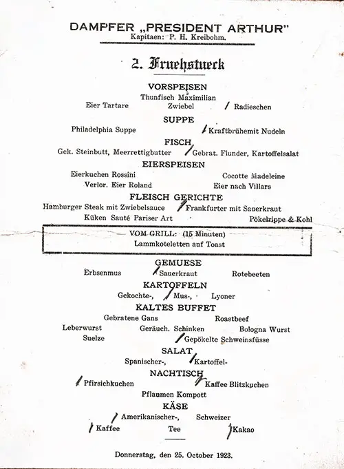 Menu Selections in German, SS President Arthur Luncheon Menu, 25 October 1923.