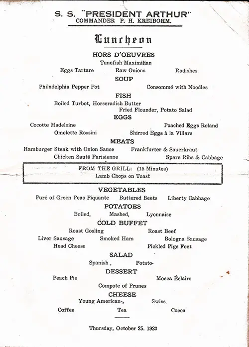 Menu Items, SS President Arthur Luncheon Menu - 25 October 1923