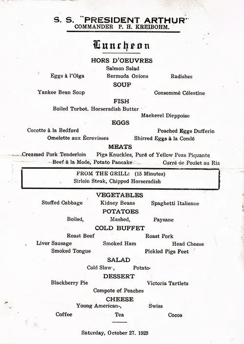 Menu Items, SS President Arthur Luncheon Menu - 27 October 1923