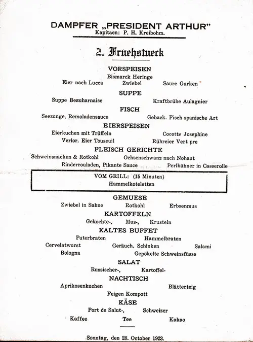 Menu in German, SS President Arthur Luncheon Menu - 28 October 1923