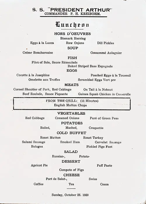 Menu Items, SS President Arthur Luncheon Menu - 28 October 1923