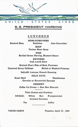 Menu Card, SS President Harding Luncheon Bill of Fare Card - 10 April 1934