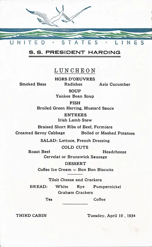 Front Side of a Vintage Third Cabin Luncheon Menu Card from Tuesday, 10 April 1934 on board the SS President Harding.