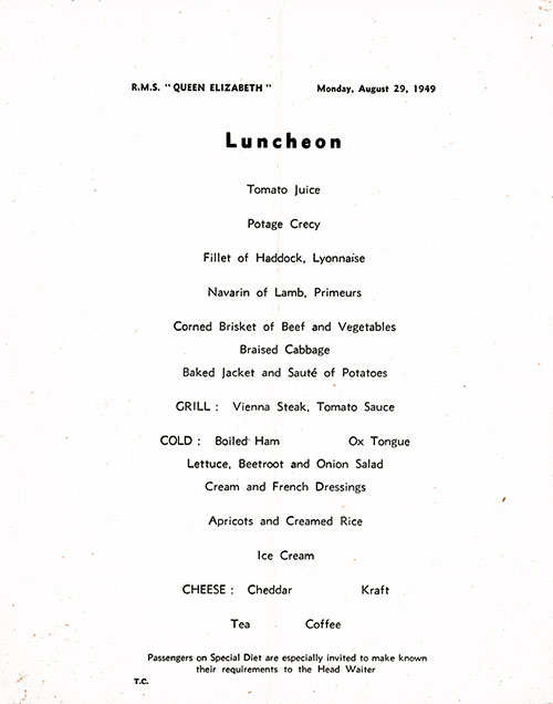 Menu Items, RMS Queen Elizabeth Luncheon Menu - 29 August 1949