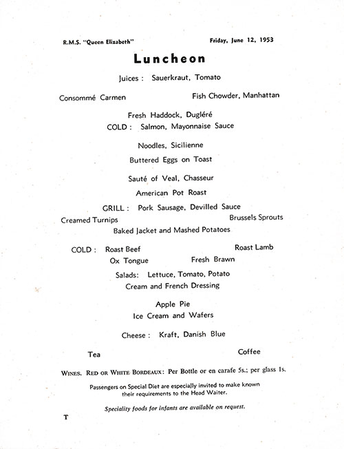 Menu Items, RMS Queen Elizabeth Luncheon Menu - 12 June 1953