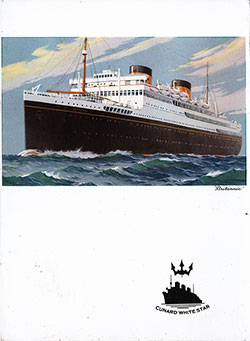 A Watercolor Painting of The RMS Britannic adorns the Front Cover of this Vintage Luncheon Menu from Thursday, 26 December 1940 on board the RMS Queen Mary of the Cunard Line.