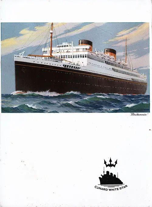 A Watercolor Painting of The RMS Britannic adorns the Front Cover of this Vintage Luncheon Menu from Thursday, 26 December 1940 on board the RMS Queen Mary of the Cunard Line.