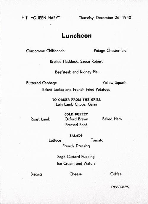 Menu Items, RMS Queen Mary Luncheon Menu, 26 December 1940.