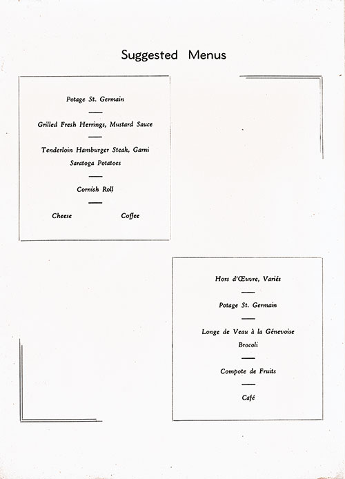 Chef's Suggestions, RMS Queen Mary Luncheon Menu, 23 December 1947.