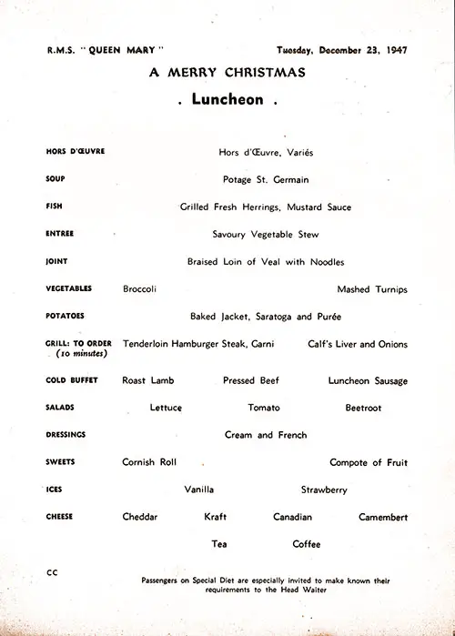 Menu Items., RMS Queen Mary Luncheon Menu, 23 December 1947.