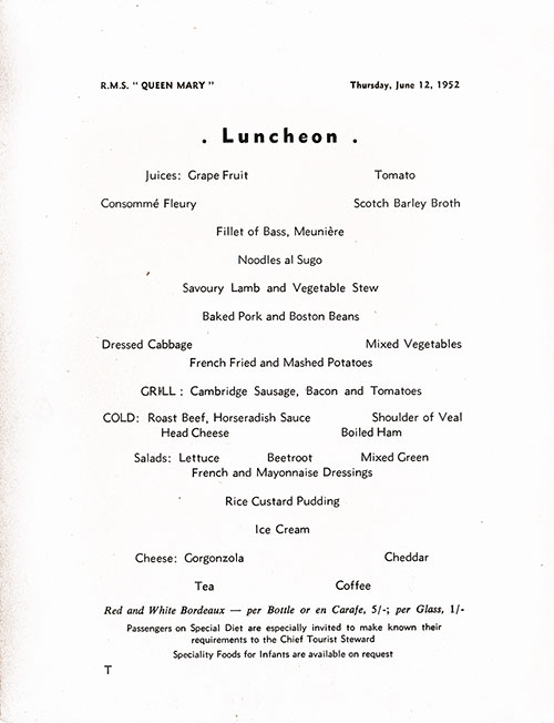 Menu Items, RMS Queen Mary Luncheon Menu, 12 June 1952.