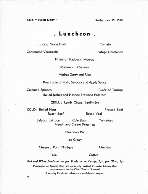 Menu Items, RMS Queen Mary Luncheon Menu, 15 June 1952.