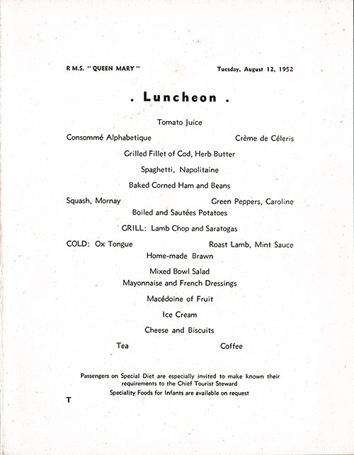 Menu Items, RMS Queen Mary Luncheon Menu, 12 August 1952.