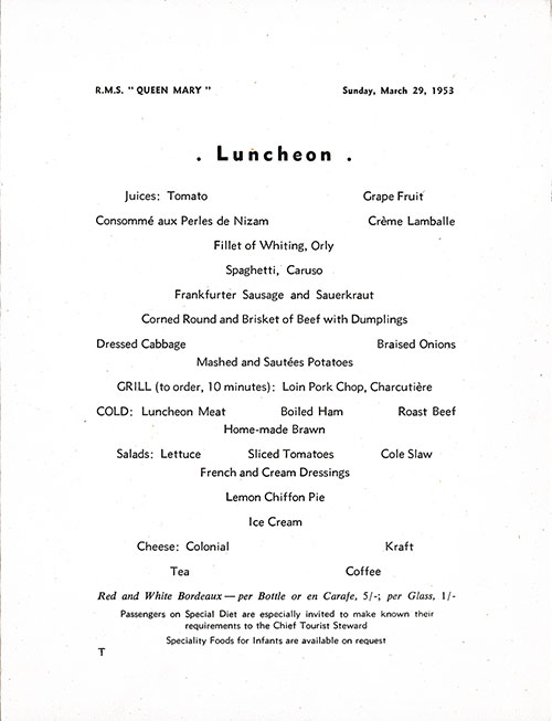 Menu Items, RMS Queen Mary Luncheon Menu - 29 March 1953