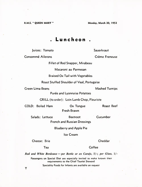 Menu Items, RMS Queen Mary Luncheon Menu, 30 March 1953.