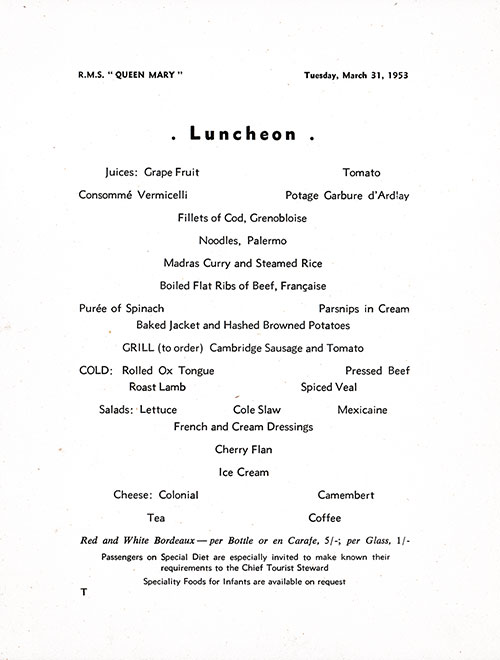 Menu Items, RMS Queen Mary Luncheon Menu - 31 March 1953