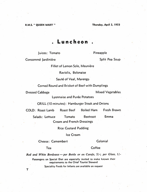 Menu Items for RMS Queen Mary Leuncheon Menu for 2 April 1953.
