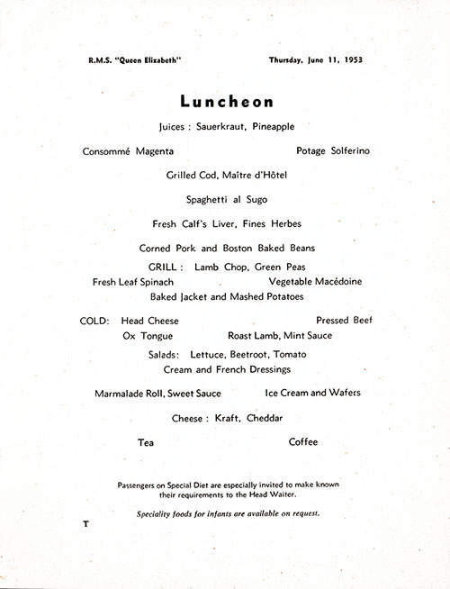 Menu Items, RMS Queen Mary Luncheon Menu - 11 June 1953