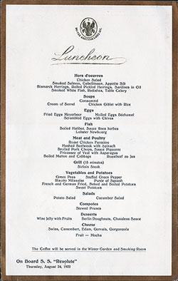 Menu Card, SS Resolute Luncheon Bill of Fare Card - 24 August 1922