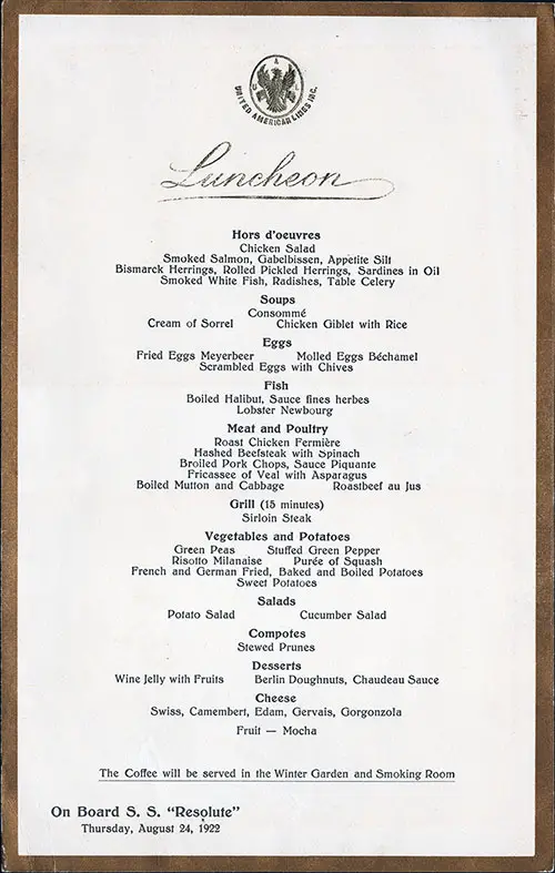 Menu Card, SS Resolute Luncheon Menu Card - 24 August 1922