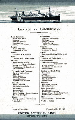 Menu Card., SS Resolute Luncheon Bill of Fare - 20 May 1925