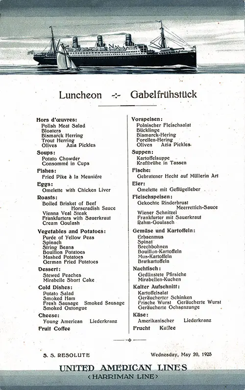 Menu Card., SS Resolute Luncheon Menu - 20 May 1925
