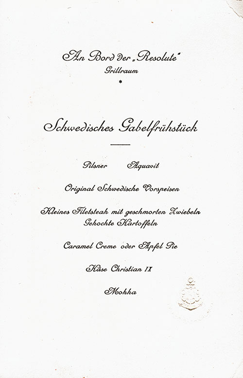 Menu Items in German, SS Resolute Swedish Luncheon Menu - 1930s