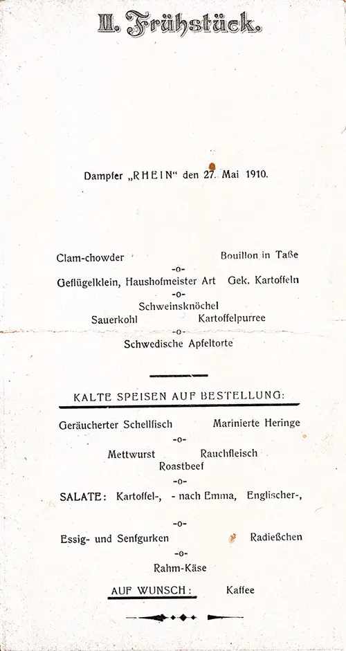 Menu Items in German, SS Rhein Luncheon Menu - 27 May 1910