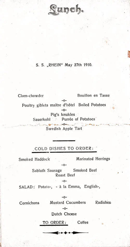 Luncheon Menu Choices, SS Rhein, 27 May 1910.