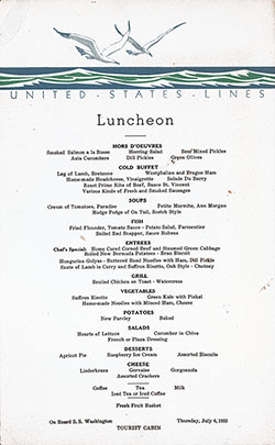 Menu Card, SS Washington Luncheon Menu - 6 July 1933